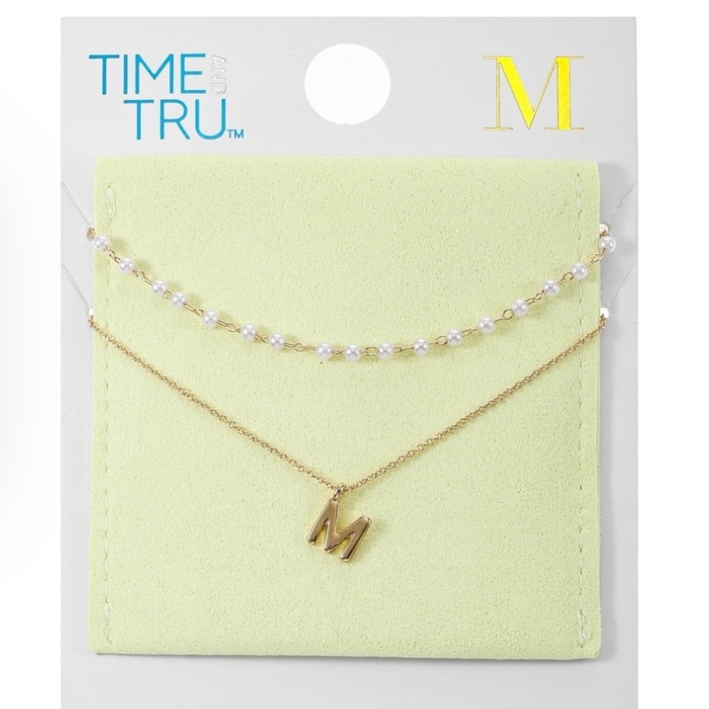 NWT Time and TRU INITIAL Gold 'M' Necklace with Pearl Detail. NWT.